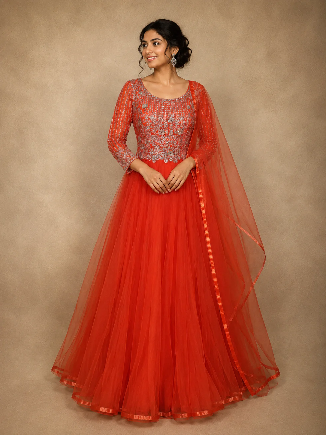 Bright Orange Mirror and Thread Embroidered Design Net Gown with Dupatta